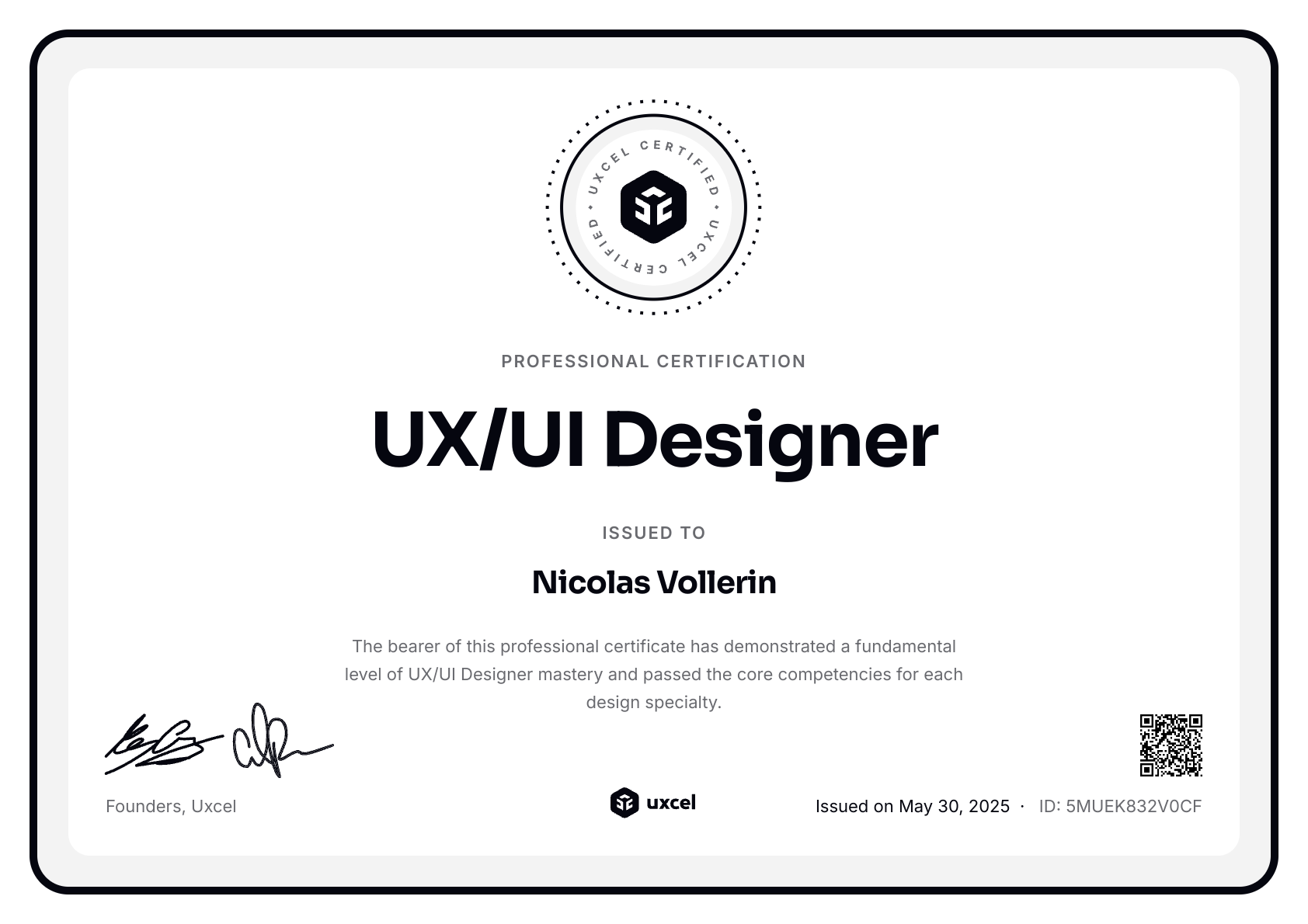 Nicolas Vollerin's certificate